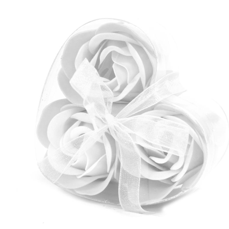 Set van 3 Zeep Rozen in Hartvormige Kado Verpakking - Witte Rozen