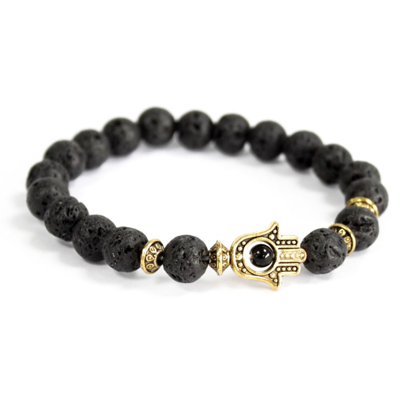 Edelsteen Armband - Goud Vergulde Hamsa - Lavasteen