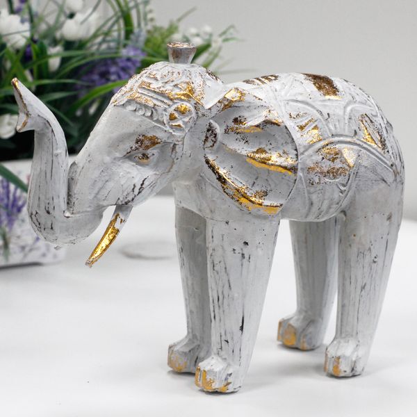 Hout Gesneden Olifant - Wit & Goud - 8 x 27 x 24cm