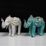 Hout Gesneden Olifant - Wit & Goud - 8 x 27 x 24cm