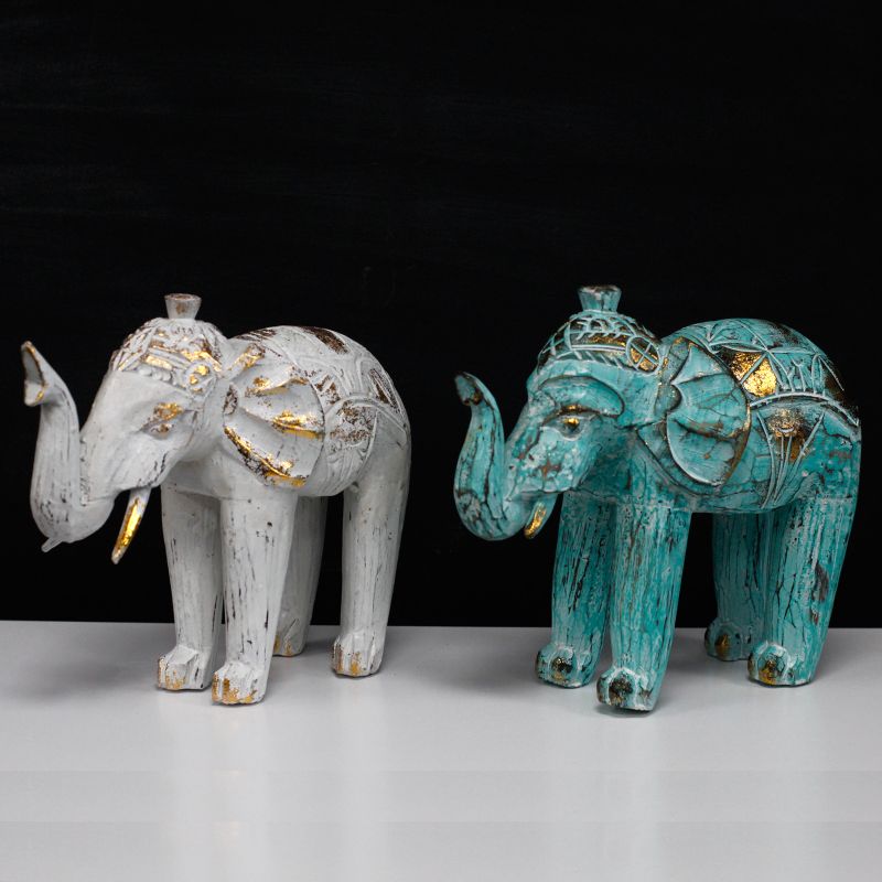Hout Gesneden Olifant - Turkoois & Goud - 8 x 27 x 24cm
