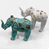 Hout Gesneden Olifant - Turkoois & Goud - 8 x 27 x 24cm