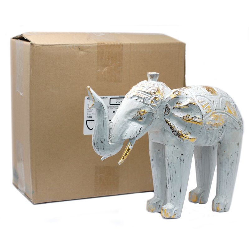 Hout Gesneden Olifant - Wit & Goud - 8 x 27 x 24cm