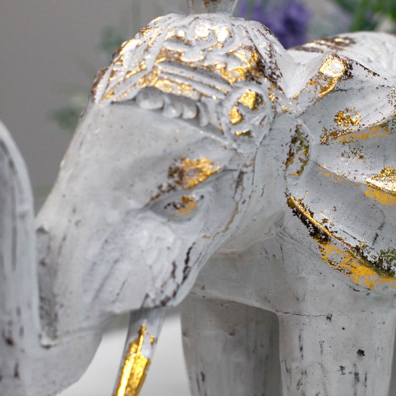 Hout Gesneden Olifant - Wit & Goud - 8 x 27 x 24cm