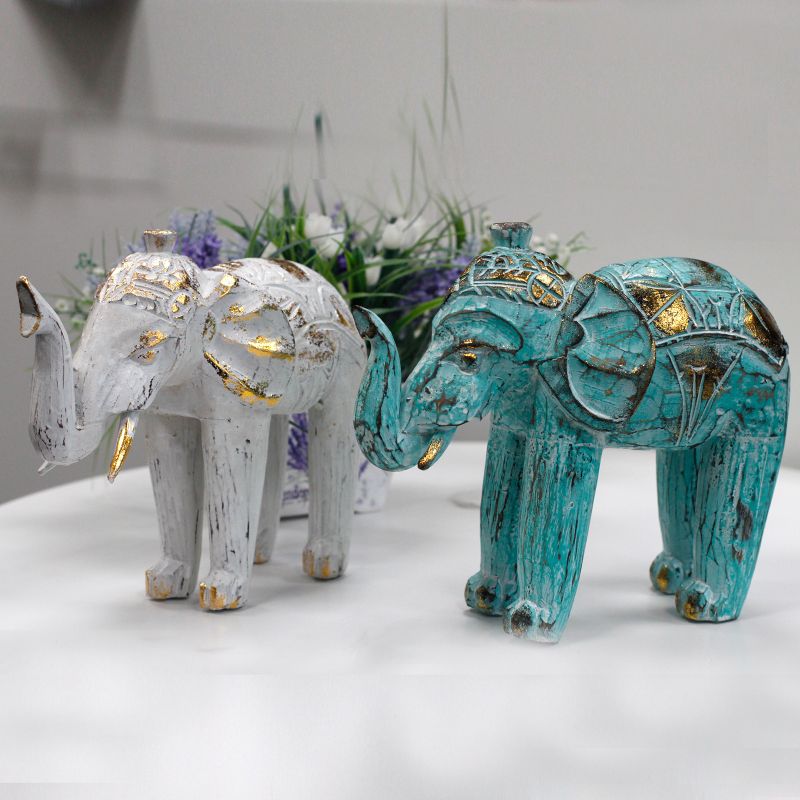 Hout Gesneden Olifant - Wit & Goud - 8 x 27 x 24cm