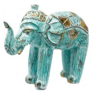 Hout Gesneden Olifant - Turkoois & Goud - 8 x 27 x 24cm