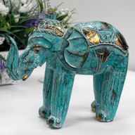 Hout Gesneden Olifant - Turkoois & Goud - 8 x 27 x 24cm