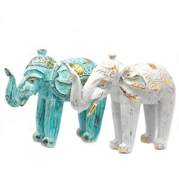 Hout Gesneden Olifant - Turkoois & Goud - 8 x 27 x 24cm