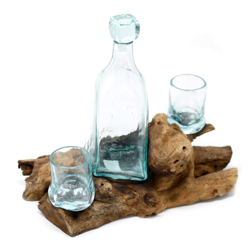 Gesmolten Glas op Houten Stronk - Whisky Set