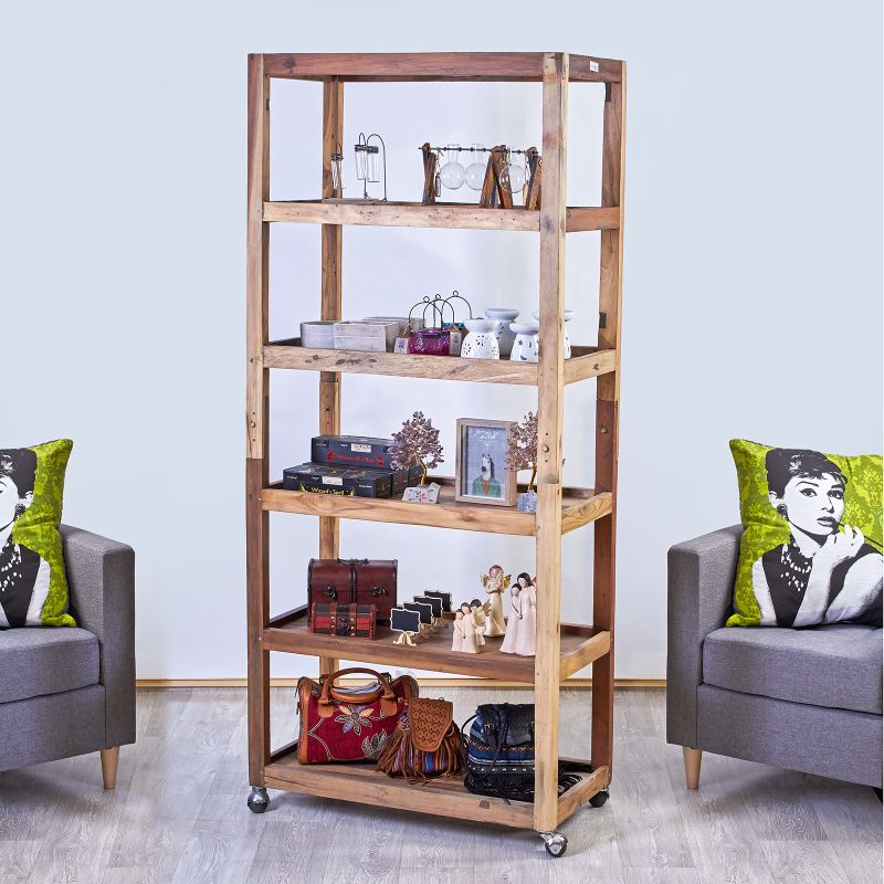 Display Kast met zes Planken en Zwenkwielen - Recycled Hardhout -  180 x 180 x 40cm