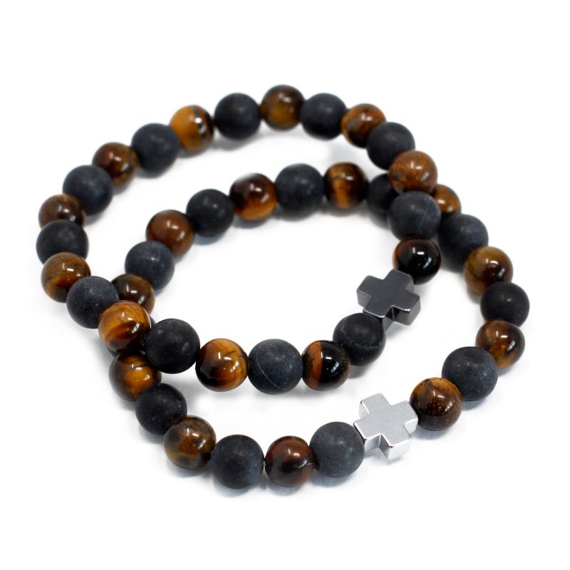 Set van 2 Edelstenen Vriendschaps Armbanden - Kracht - Tijgeroog & Zwarte Steen