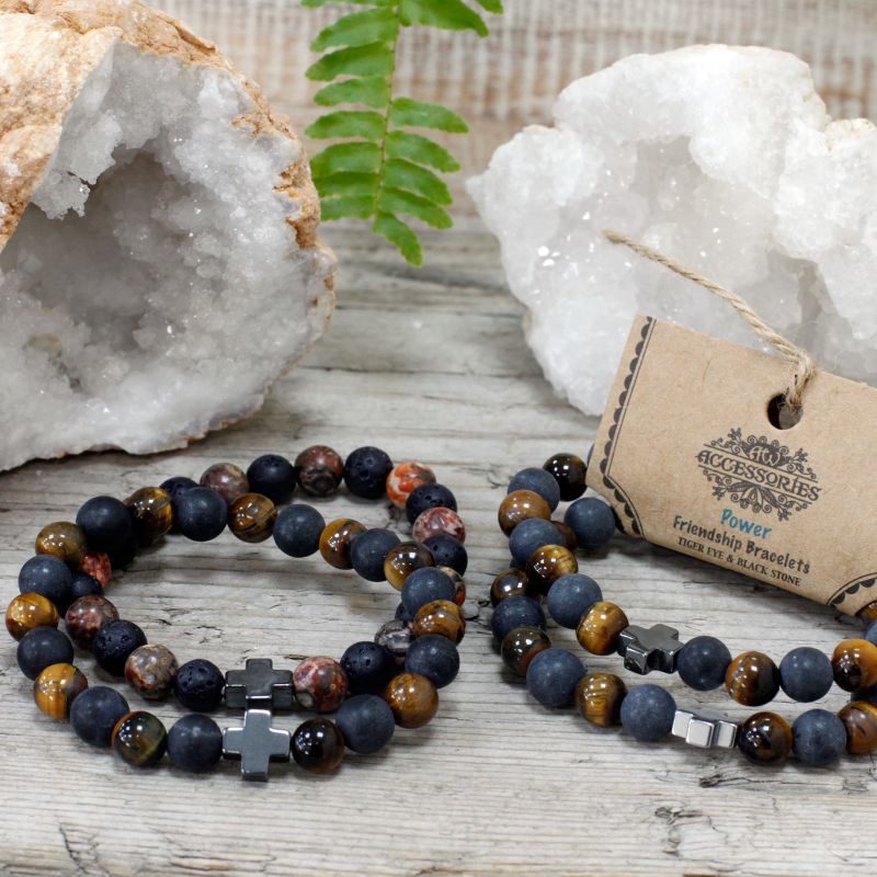 Set van 2 Edelstenen Vriendschaps Armbanden - Kracht - Tijgeroog & Zwarte Steen