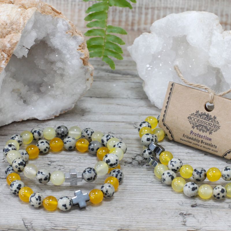 Set van 2 Edelstenen Vriendschaps Armbanden - Protection - Dalmatische Jaspis & Gele Agaat
