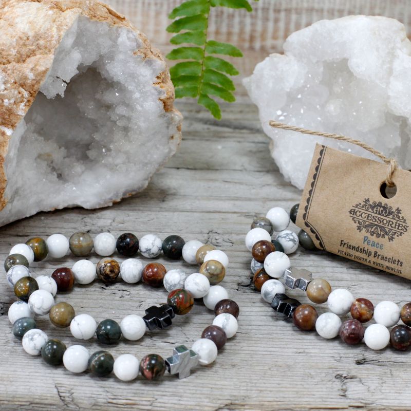 Set van 2 Edelstenen Vriendschaps Armbanden - Vrede - Picasso Jaspis & Witte Howliet