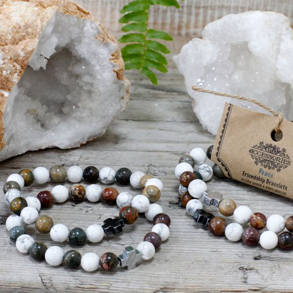 Set van 2 Edelstenen Vriendschaps Armbanden - Vrede - Picasso Jaspis & Witte Howliet