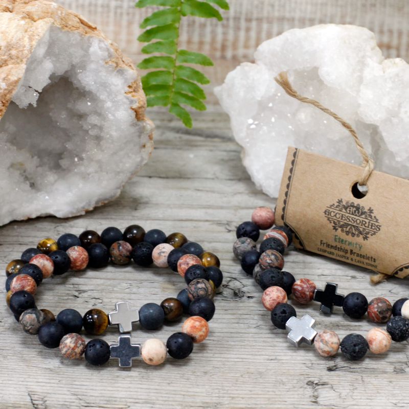 Set van 2 Edelstenen Vriendschaps Armbanden - Eeuwigheid - Luipaardhuid Jaspis & Lavasteen