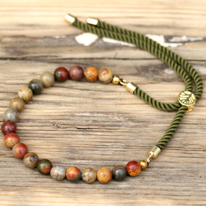 18K Goud Vergulde Edelsteen Armband met Mos Groen Gekleurd Koord - Picasso Jaspis