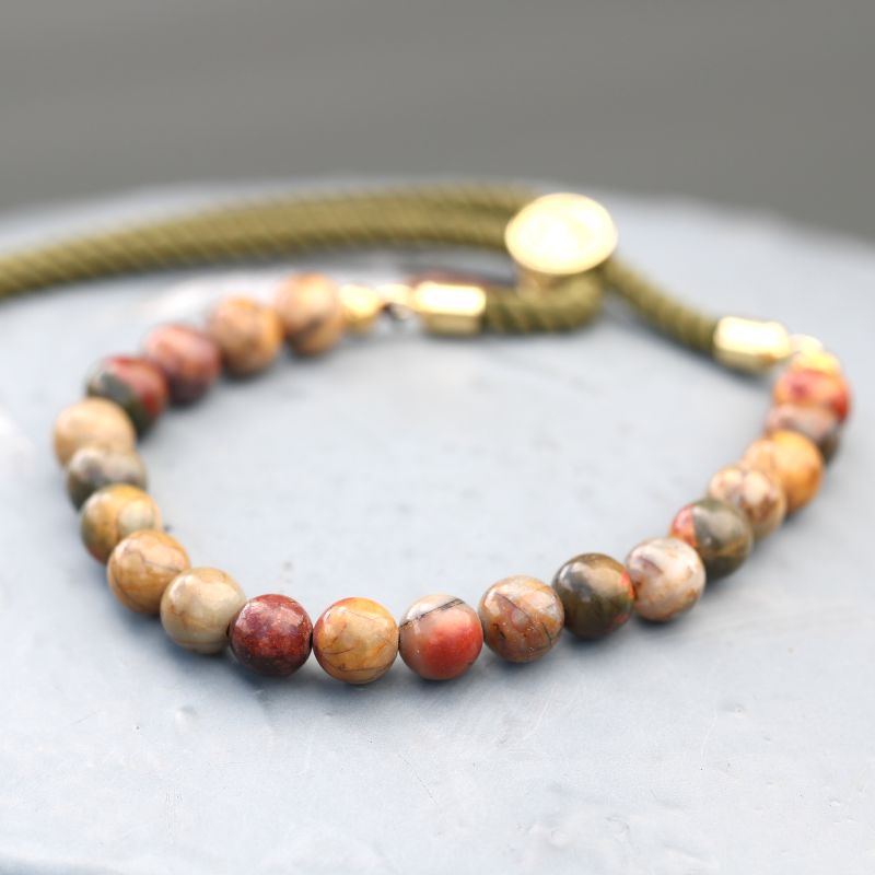 18K Goud Vergulde Edelsteen Armband met Mos Groen Gekleurd Koord - Picasso Jaspis