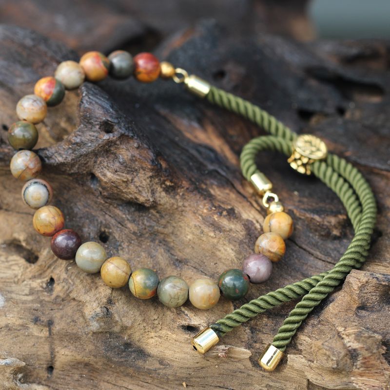 18K Goud Vergulde Edelsteen Armband met Mos Groen Gekleurd Koord - Picasso Jaspis