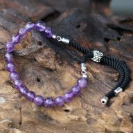 925 Verzilverde Edelsteen Armband met Zwart Gekleurd Koord - Amethist