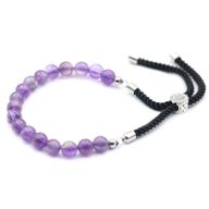 925 Verzilverde Edelsteen Armband met Zwart Gekleurd Koord - Amethist