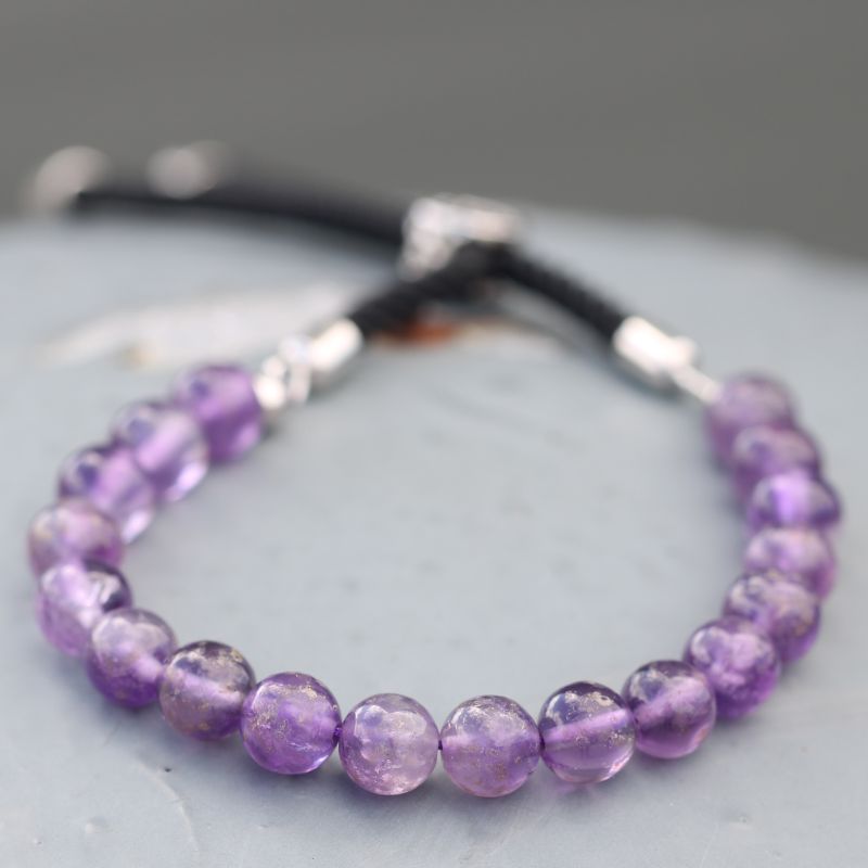 925 Verzilverde Edelsteen Armband met Zwart Gekleurd Koord - Amethist