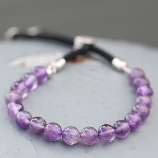 925 Verzilverde Edelsteen Armband met Zwart Gekleurd Koord - Amethist