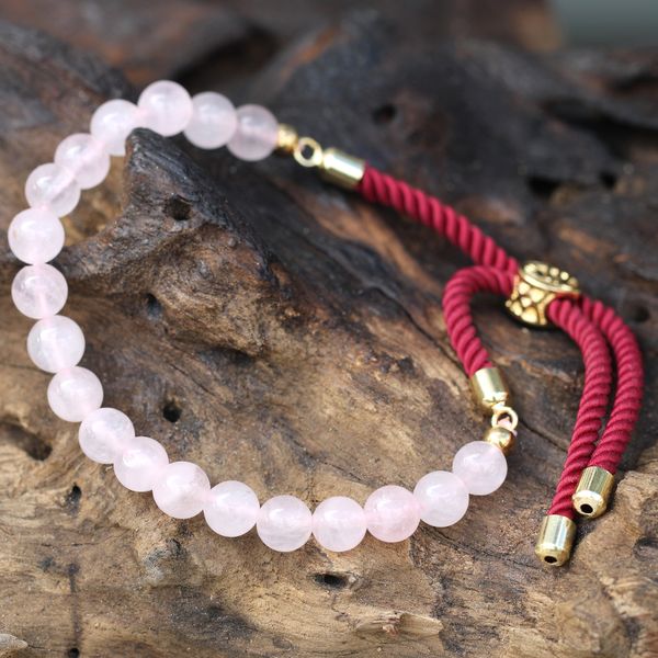 18K Goud Vergulde Edelsteen Armband met Bordeaux Rood Gekleurd Koord - Rozenkwarts