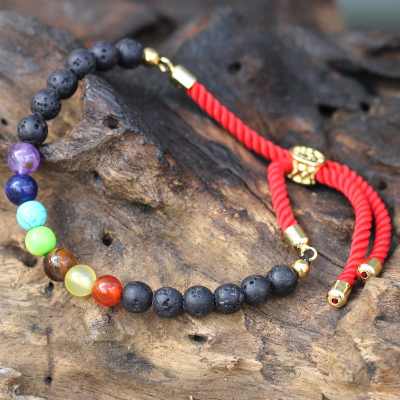 18K Goud Vergulde Edelsteen Armband met Oranje Gekleurd Koord -Lavasteen Chakra