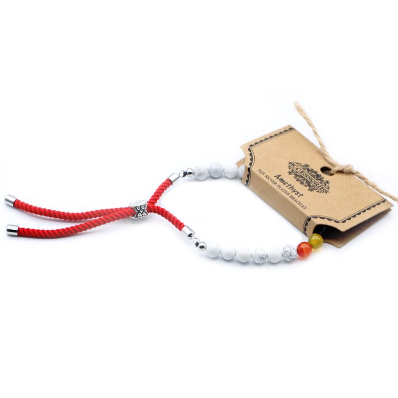 925 Verzilverde Edelsteen Armband met Rood Gekleurd Koord - Witte Howliet Chakra