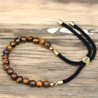 18K Goud Vergulde Edelsteen Armband met Zwart Gekleurd Koord - Tijgeroog