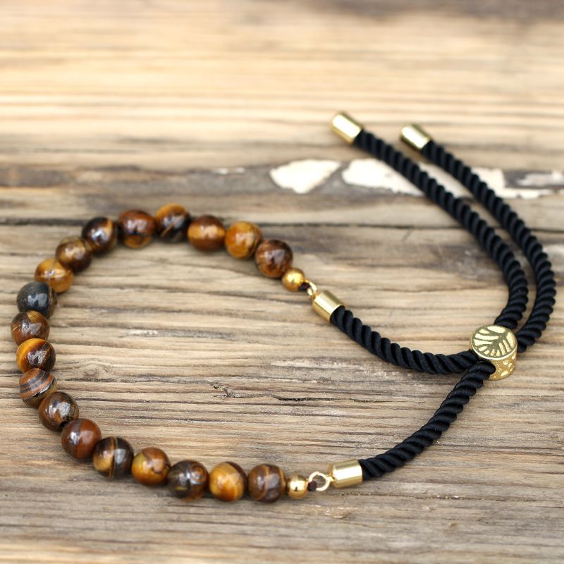18K Goud Vergulde Edelsteen Armband met Zwart Gekleurd Koord - Tijgeroog