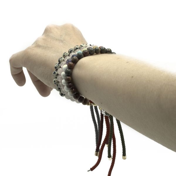 925 Verzilverde Edelsteen Armband met Grijs Gekleurd Koord - Dalmation Jaspis