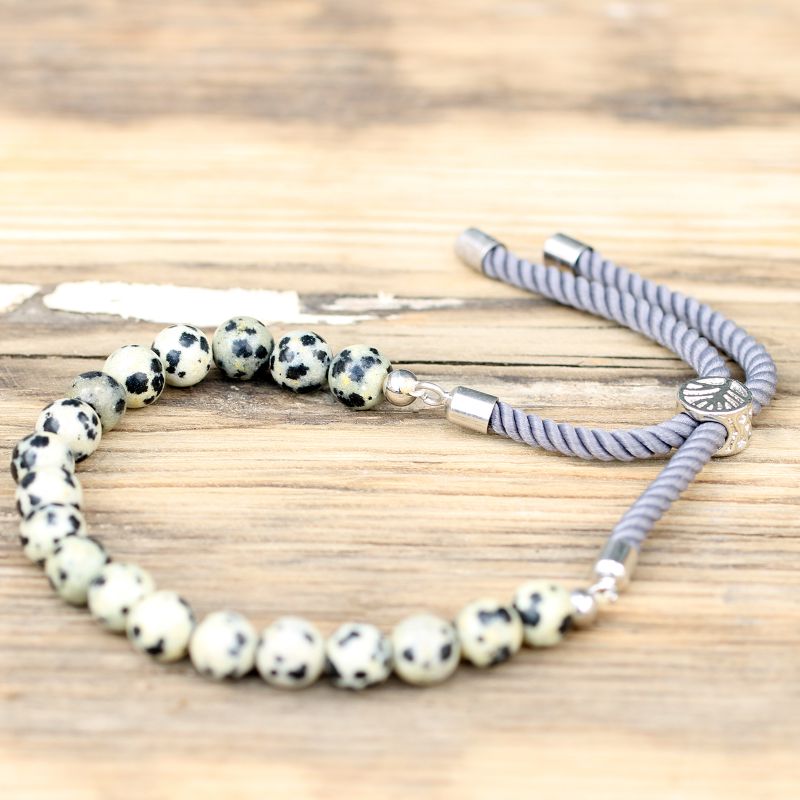 925 Verzilverde Edelsteen Armband met Grijs Gekleurd Koord - Dalmation Jaspis