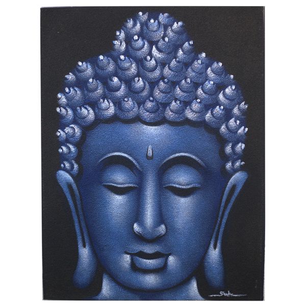 Boeddha Schilderij - Blauw & Zandkleurige Afwerking