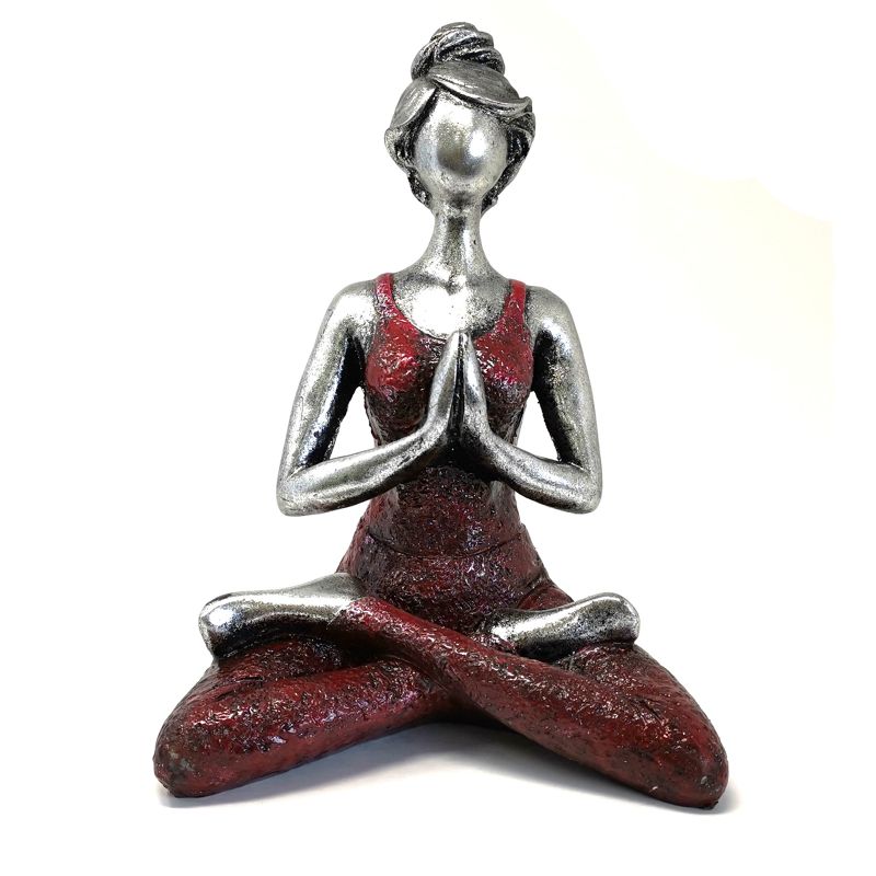 Yoga Beeldje - Vrouw - Zilver & Bordeaux Rood - 24cm