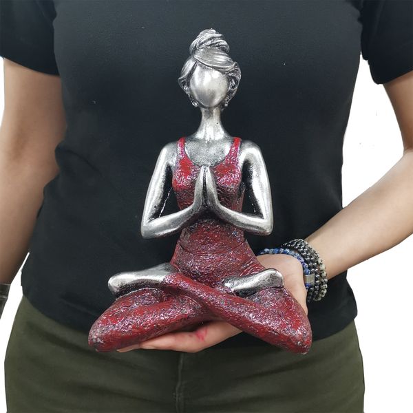 Yoga Beeldje - Vrouw - Zilver & Bordeaux Rood - 24cm