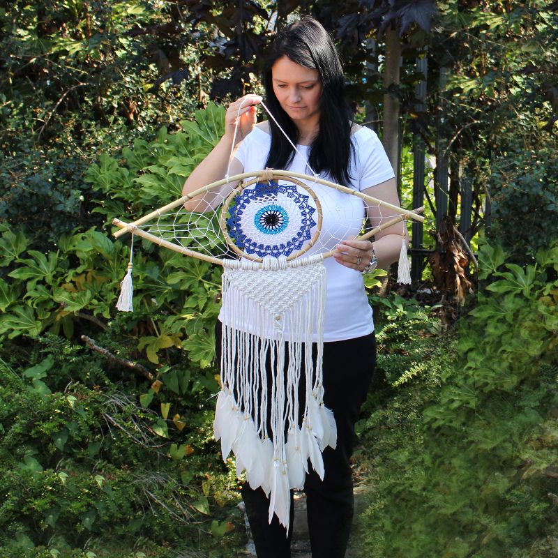 Bescherming Droomvanger - Large - Macrame Oog Wit / Blauw/ Grijs
