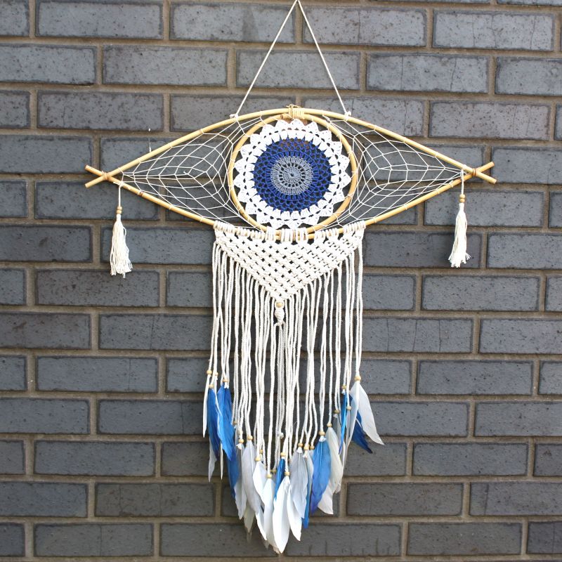 Bescherming Droomvanger - Large - Macrame Oog Wit / Blauw/ Grijs