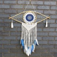 Bescherming Droomvanger - Large - Macrame Oog Wit / Blauw/ Grijs