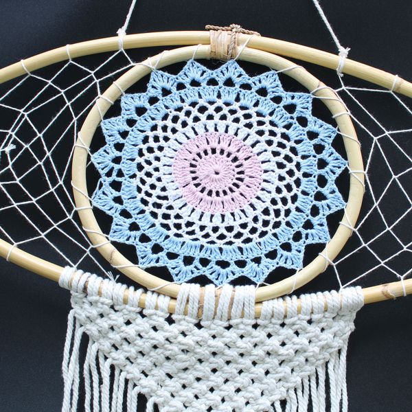 Bescherming Droomvanger - Large - Macrame Oog Wit / Blauw/ Grijs