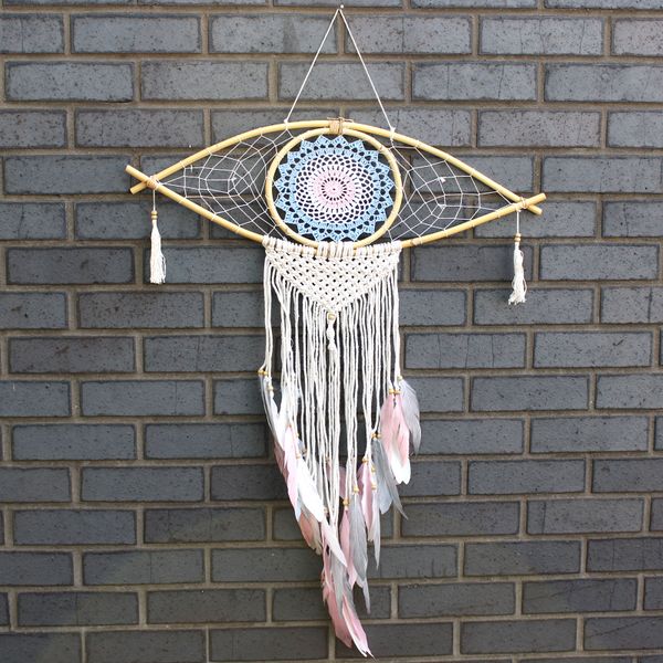 Bescherming Droomvanger - Large - Macrame Oog Blauw / Wit / Roze