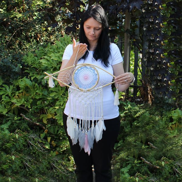 Bescherming Droomvanger - Medium - Macrame Oog Wit / Grijs / Bruin