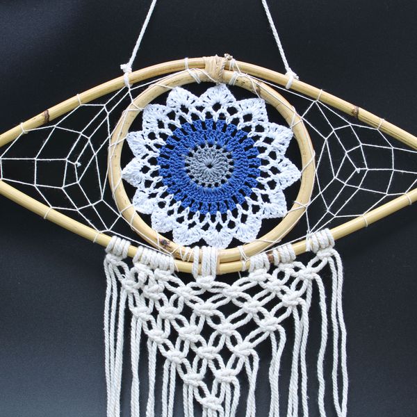 Bescherming Droomvanger - Medium - Macrame Oog Wit /Blauw / Grijs