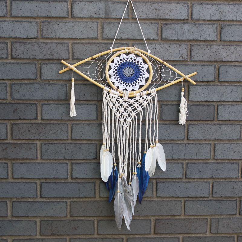 Bescherming Droomvanger - Medium - Macrame Oog Wit /Blauw / Grijs