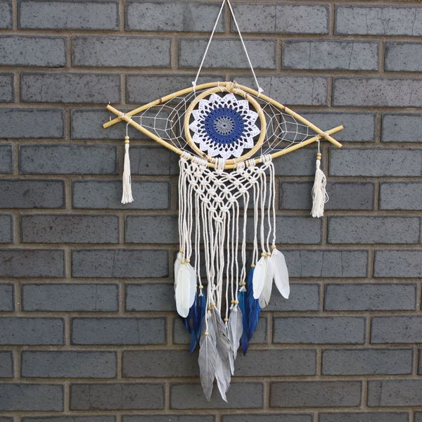 Bescherming Droomvanger - Medium - Macrame Oog Wit /Blauw / Grijs