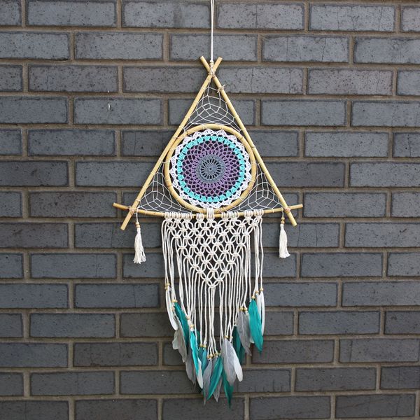 Bescherming Droomvanger - Large - Macrame Piramide Wit / Turkoois