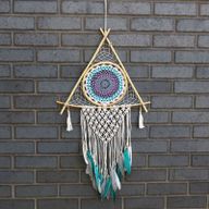 Bescherming Droomvanger - Large - Macrame Piramide Wit / Turkoois