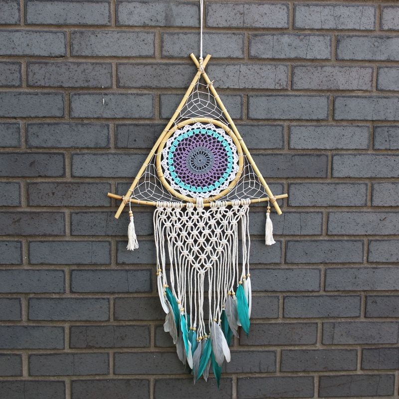 Bescherming Droomvanger - Large - Macrame Piramide Wit / Turkoois