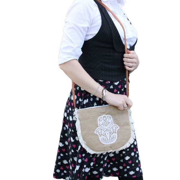 Jute Franje Tas - Hamsa Print